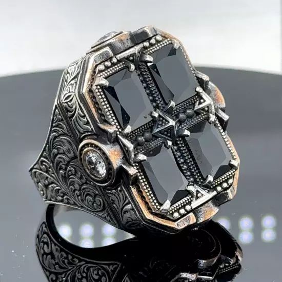 925 Men Silver Large Square Black Onyx Ring Handmade Men Sterling Silver Ring