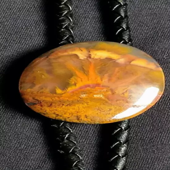 Bolo Tie Black Leather Gold Color Aglets Handmade Stunning Sunburst Resin VTG