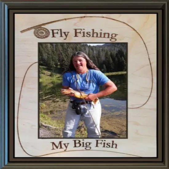 Wood Fishing Photo Mat with Fly Rod 