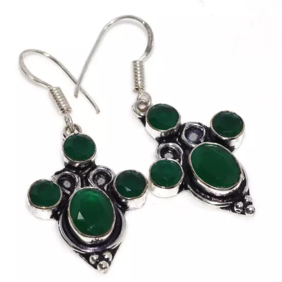 925 Silver Plated-Green Onyx Ethnic Earrings Gemstone Handmade Jewelry 1.7" GW