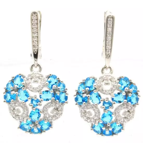 Stunning Swiss Blue Topaz White CZ Women Engagement Silver Earrings 