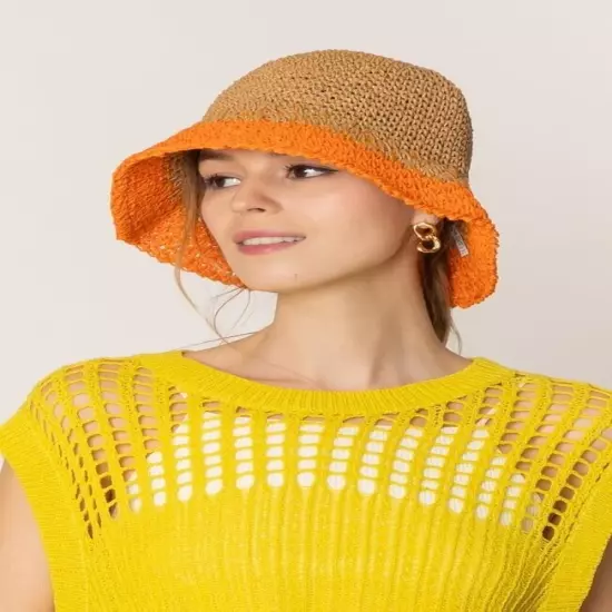 DIONA J TWO TONE STRAW BUCKET HAT ONE SIZE COLOR ORANGE