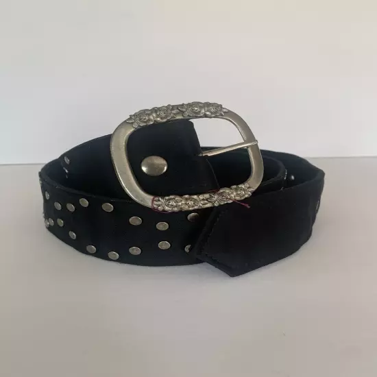 Studded Canvas Women’s Belt Silver Floral Buckle Black Size 32