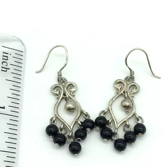 Vtg 925 Sterling Silver Chandelier Earrings Dainty Black Beads Elegant Western