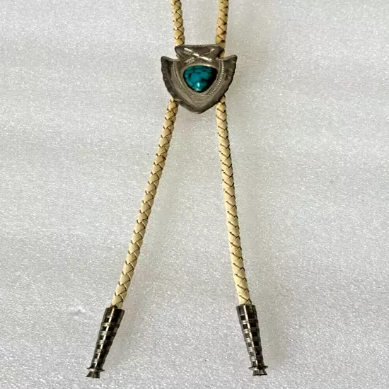 Vintage Turquoise Bolo Tie Arrowhead Western Tan Braided Cord Silver Tone 16 in