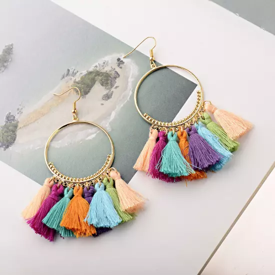 Fashion Women Bohemian Earrings Long Tassel Fringe Drop Dangle Ear Stud Jewelry