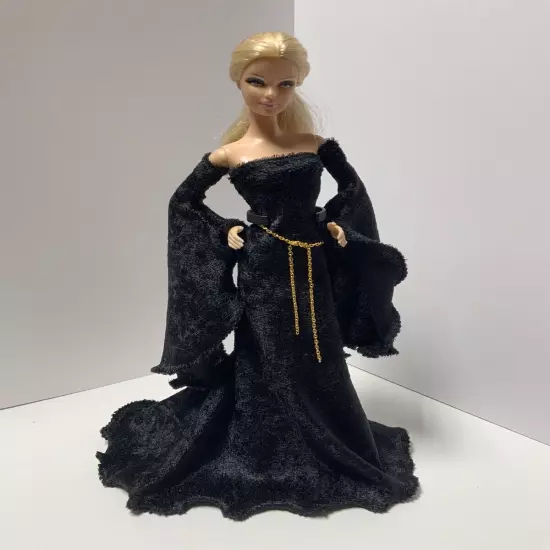 Black Panne Velvet Medieval Style Gown Set For Your 11.5” Fashion Doll