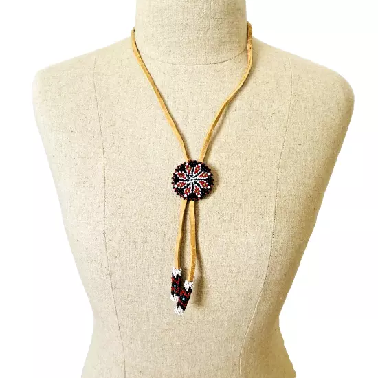 Vintage Deerskin Bolo Tie Southwestern Necklace Black Red White Peyote Stitch