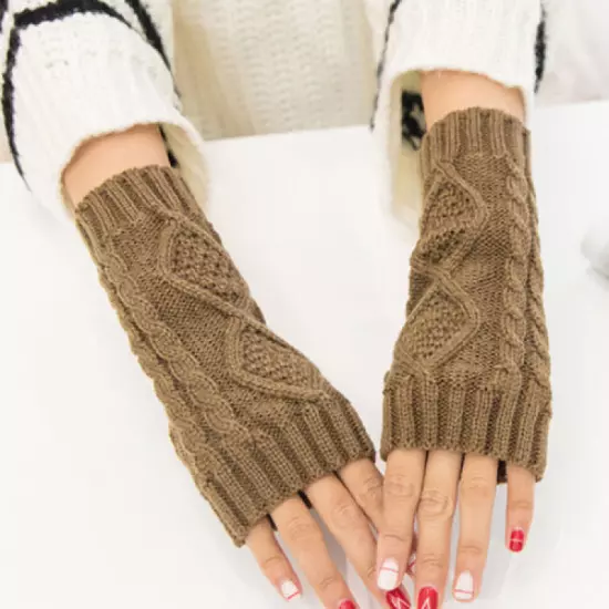 Knitted Long Fingerless Gloves Arm Sleeves Rhombus Crochet Half Finger Gloves