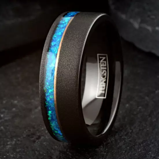 8mm Black & Rose Gold Plated Tungsten Carbide Blue/Teal Opal Wedding Band Ring