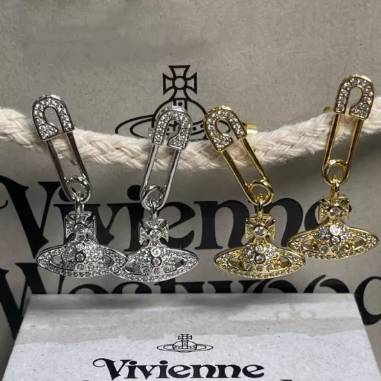 1Pair Vivienne Westwood Tone Crystal Earrings Bas Relief Saturn Orb Earrings