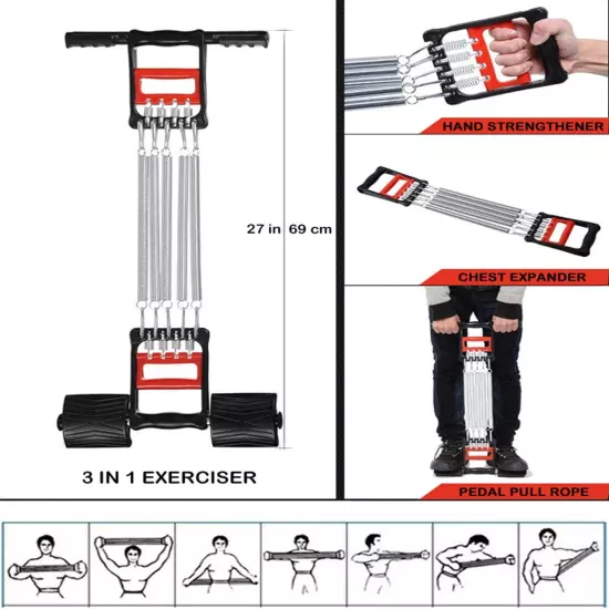 3 in 1 Exerciser - Spring Chest Expander, Hand Grip Strengthener, Pedal Pull - 5