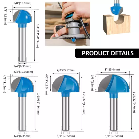 4Pcs 1/4 Inch Shank Cove Box Router Bit Set Round Nose Router Bits Woodworkingφ