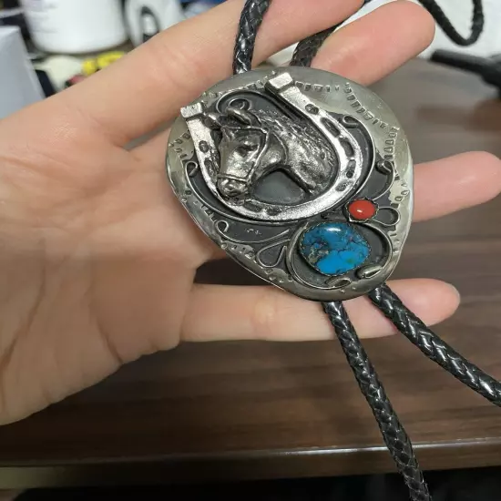 Turquoise And Coral Horse Shoe Nickel Bolo Tie