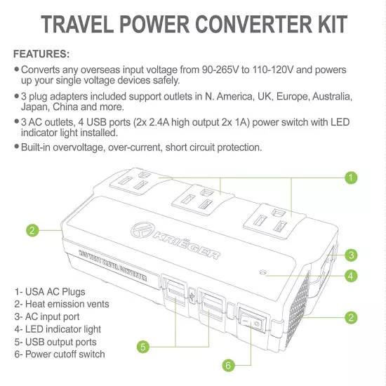 KRV200 200 Watt Travel Converter Voltage Transformer Steps Down 220-230v to 110v