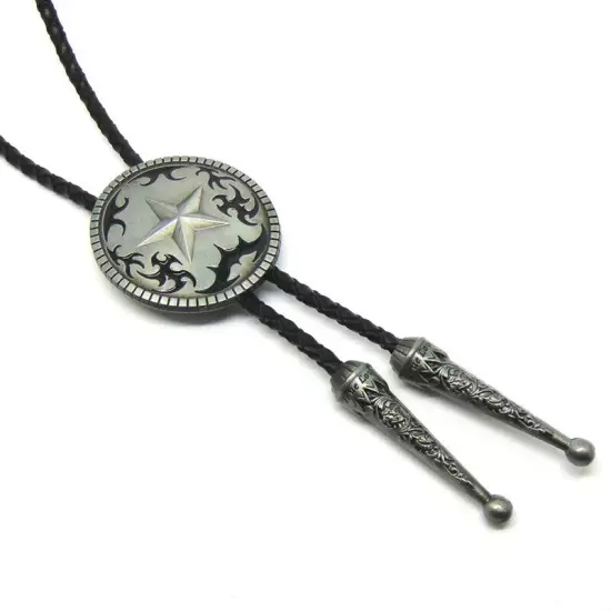 Vintage Bolo Tie Western Cowboy Texas Ranger Star Mens Wedding Necklace Alloy