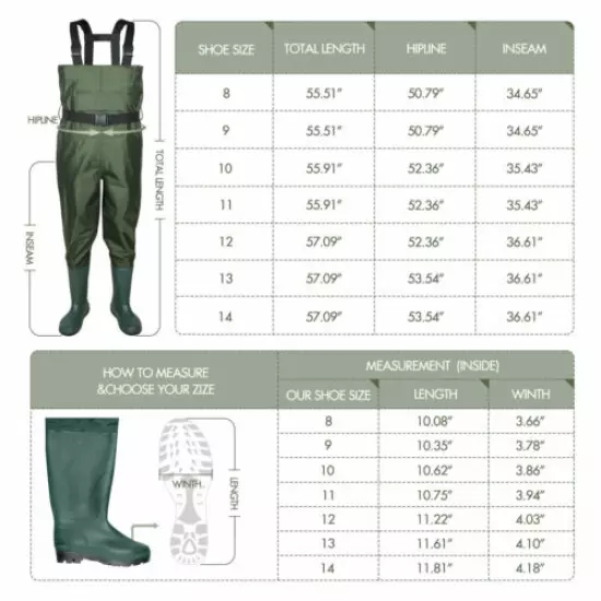 2-Ply Waterproof Chest Waders Fishing Hunting Nylon Rubber Bootfoot 8-14 size