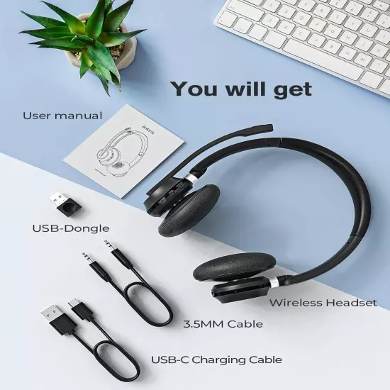 Wireless Headset with Microphone, 2024 New V5.3 Headset with USB Dongle, Compute