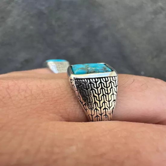 Blue Turquoise Mens Real Solid 925 Silver Navajo Native American Inspired Ring