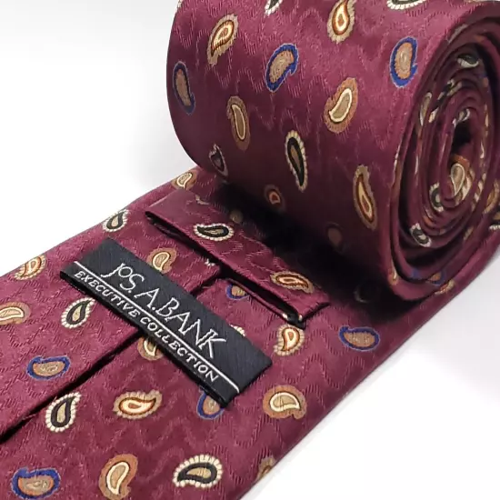 JOS A BANK Handmade 100% Silk Tie Burgundy Red Brown Blue Paisley Necktie NEW