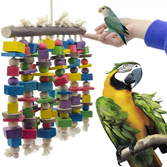 Large Bird Parrot Chewing Toy - Multicolored Natural Wooden Blocks Bird Parrot T