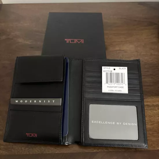 Tumi Modernist Black Leather Passport / Wallet Case New In Box