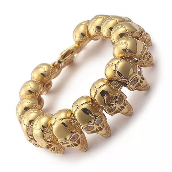 Heavy Men's 18K Gold Stainless Steel Gold Skull Bicycle Chain Bracelet Wristband