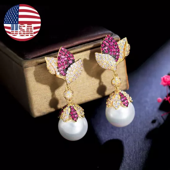 Multi-Tone Gold Plated Red CZ Long Leaf Dangle Drop Pearl Wedding Party Earrings