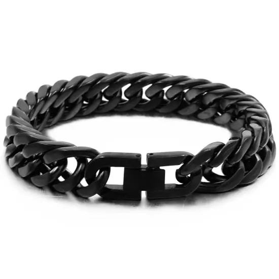 Heavy Black/Silver 316L Stainless Steel Curb Cuban Chain Bracelet for Cool Mens