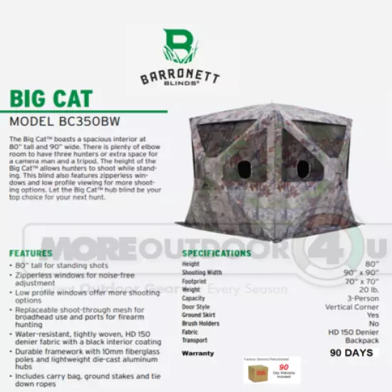 BC350BW Barronett Blinds BIG CAT BACKWOODS CAMO HUB BLIND 80x90x90 MFG REFURBS