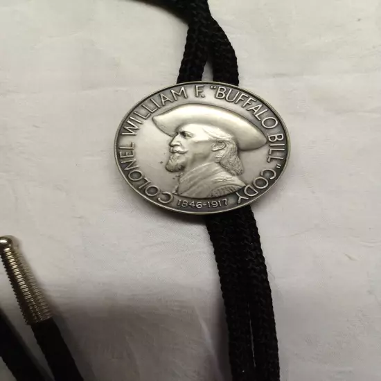 Vintage 1846-1917 Colonel William Buffalo Dollar Bolo Tie Black Ridged Tip