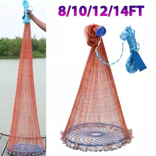 8ft-14ft Fishing Cast Net Tyre Flying Disc Throw Hand Cast Trap Line Mesh+Sinker