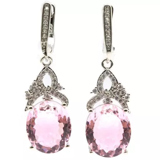 Bohemia Design Pink Kunzite White CZ Bride Wedding Daily Wear Silver Earrings 