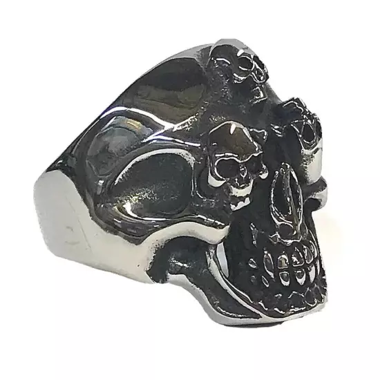 Stainless Steel Men’s Biker Style Ring Size 13 Multiple Skulls 16+ Grams