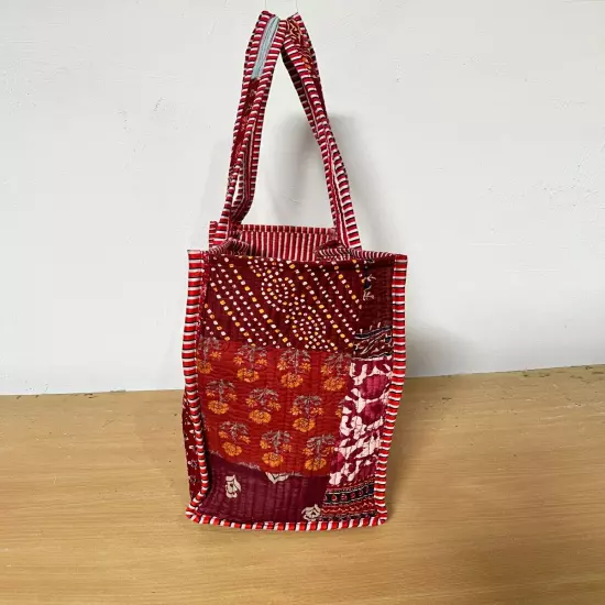 Indian Multi Red Patchwork Quilted Shoulder Bag Women's Beach 100%Cotton Handbag