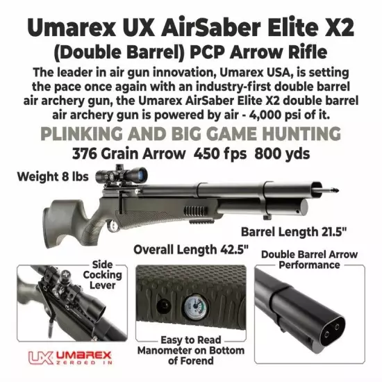 Umarex AirSaber Elite X2 Double Barrel Side Cocking Lever PCP Air Rifle 2252157