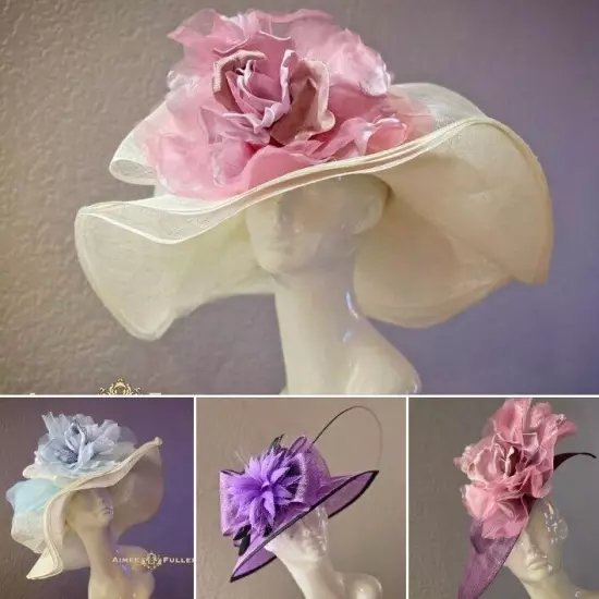 Kentucky Derby Hat Black White Organza Pale Pink Rose Flower Royal Ascot Del Mar