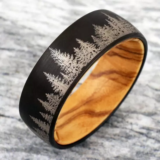 8mm Tungsten Carbide Men's Black Forest Tree Scene Olive Wood Wedding Band Ring