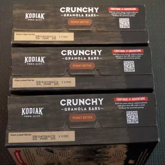 KODIAK CRUNCHY GRANOLA BARS Peanut Butter 3 BOXES 36 BARS TOTAL BB Exp. 3/2025