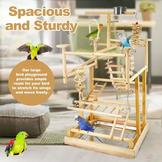 Bird Playground Parrot Playstand Natural Wood Bird Perches Stand, Bird Play G...