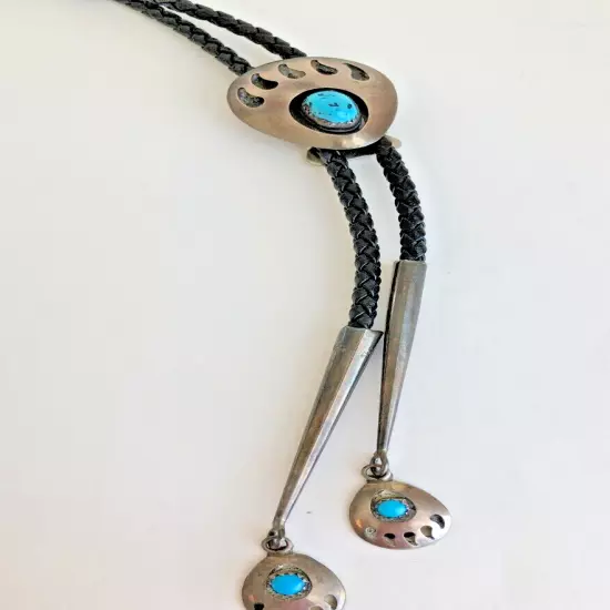 Vintage Bolo Tie Shadow Box Bear Claw Turquoise & Silver Leather Western Navajo