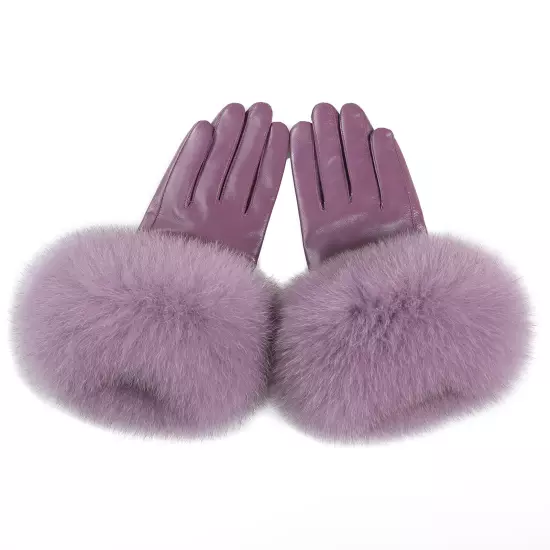 Women Genuine Lambskin Leather Gloves With Real Fox Fur Trim Cuff Winter Warm