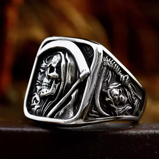 Gothic Death Sickle Skull Ring Stainless Steel Men's Boy's Skull Biker Punk Ring