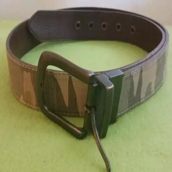 Camouflage Brown Leather Bronze Buckle Reversible Belt Length 35.5" - 39.5"