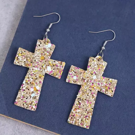 Golden Fashion Cross Design Dangle Earrings Full Sequins Decor PU Leather Women