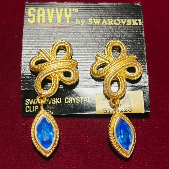 Vintage Swarovski Knot Blue Crystal Drop Clip Earrings