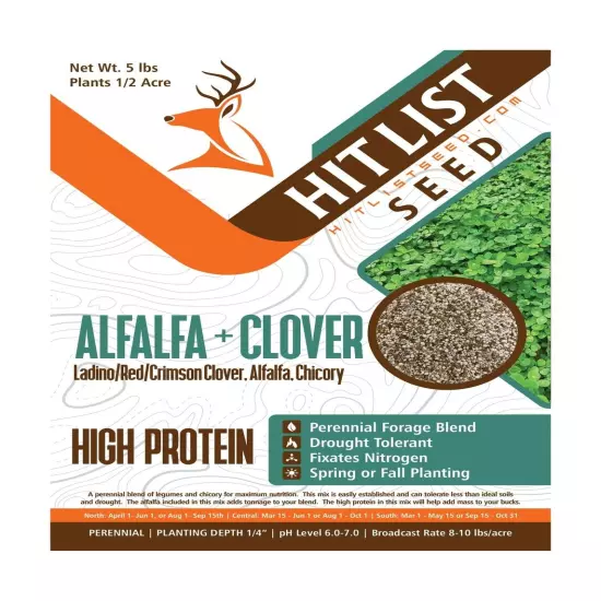 Alfalfa + Clover Deer Perennial Food Plot Blend, 5 lbs (1/2 Acre) - Ladino Cl...