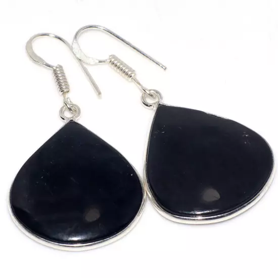 925 Silver Plated Black Obsidian Ethnic Earrings Handmade Jewelry Size 1.7" MJ