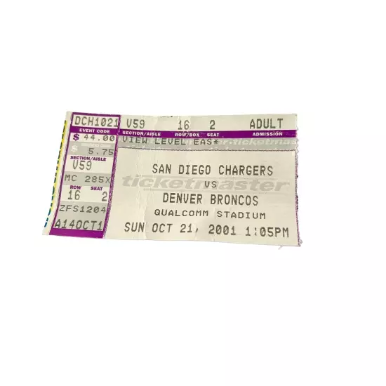 10/21/01 CHARGERS/BRONCOS FOOTBALL TICKET STUB Doug Flutie 2 TD's Griese 1 TD #2