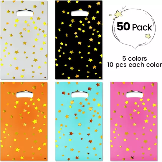 50 Pcs Party Favor Bags, Cute Star Gift Bags, Small Plastic Candy Goodie Bags wi